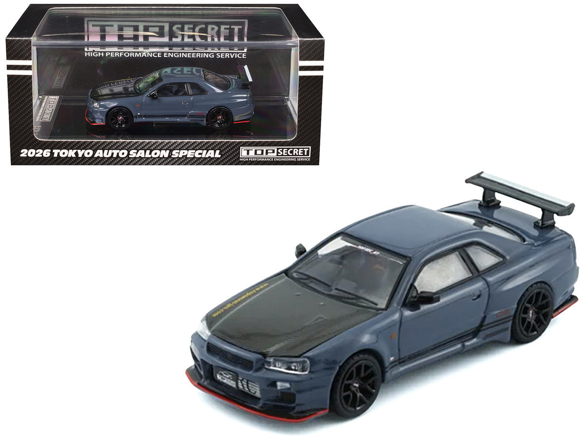 Nissan "Top Secret" Skyline GT-R (BNR34) RHD (Right Hand Drive) Stealth Gray with Carbon Hood "Tokyo Auto Salon 2026" 1/64 Diecast Model Car by BM Creations LuxuryLifeWay Online Store