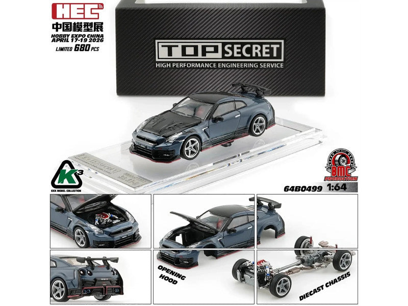 Nissan "Top Secret" GT-R (R35) RHD (Right Hand Drive) Stealth Gray with Carbon Hood and Top "Hobby Expo China 2026" 1/64 Diecast Model Car by BM Creations LuxuryLifeWay Online Store