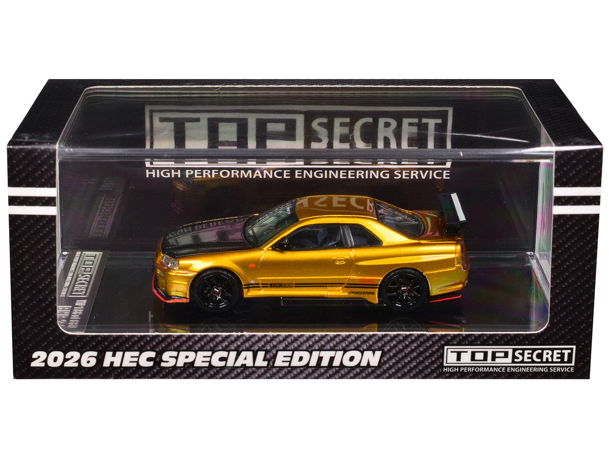 Nissan "Top Secret" Skyline GT-R (BNR34) RHD (Right Hand Drive) Gold Metallic with Carbon Hood "Hobby Expo China 2026" 1/64 Diecast Model Car by BM Creations LuxuryLifeWay Online Store