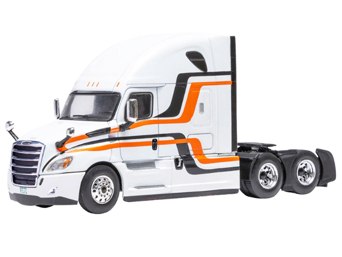 2018 Freightliner Cascadia Truck Tractor White with Black and Orange Stripes 1/64 Diecast Model by IXO Models LuxuryLifeWay Online Store