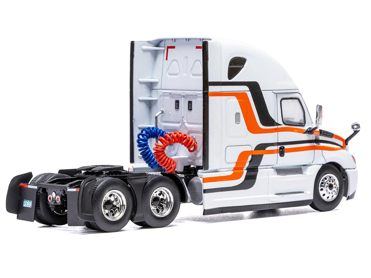 2018 Freightliner Cascadia Truck Tractor White with Black and Orange Stripes 1/64 Diecast Model by IXO Models LuxuryLifeWay Online Store