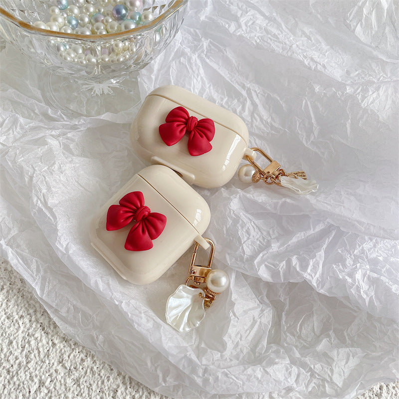 Beige Red Bow Shell Pendant Wireless Earphone Case Best YouTube Store