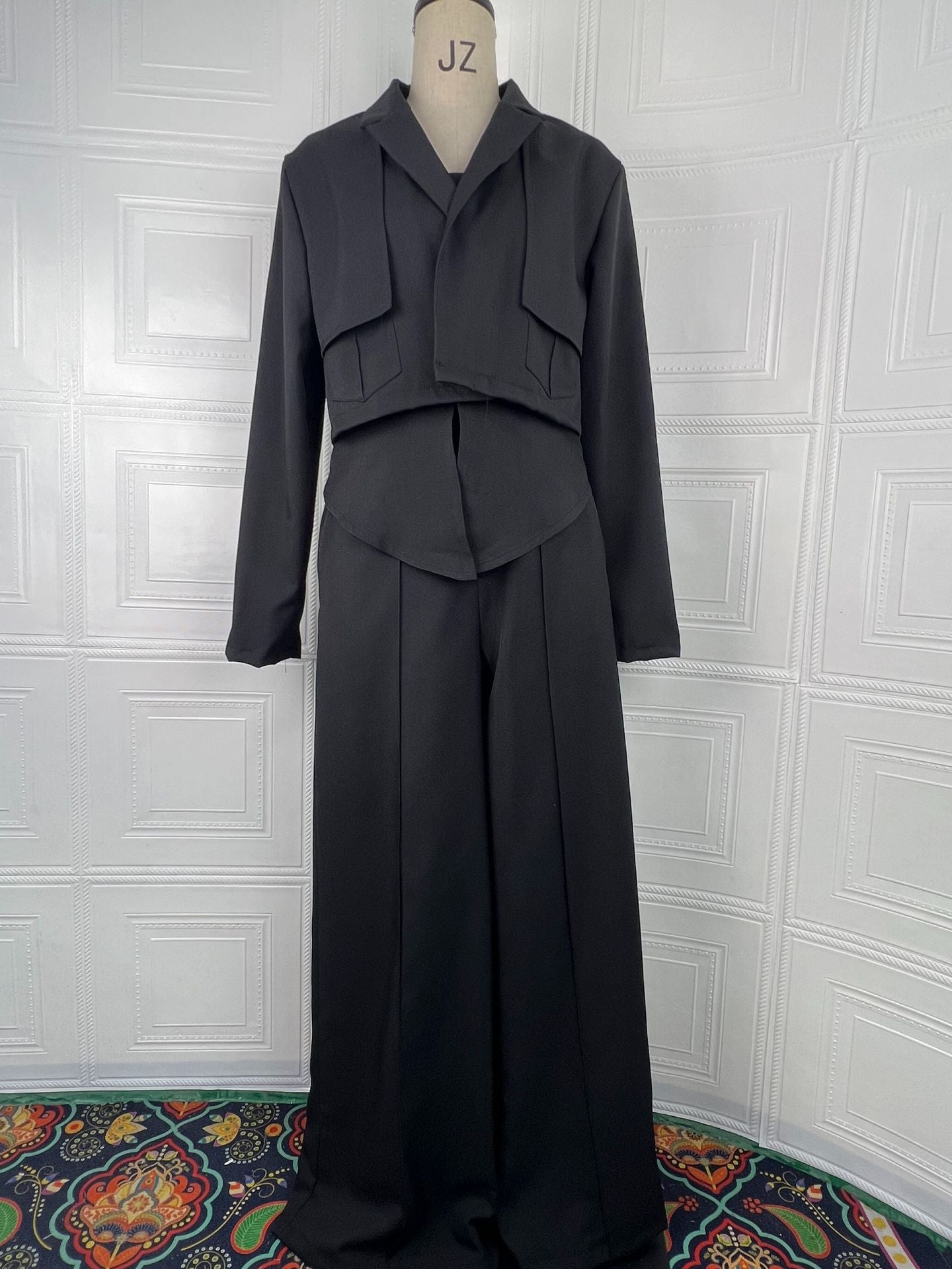 Womens Solid-color Elegant Blazer And Wide-leg Suspender Pants Set NorixaFashion.com