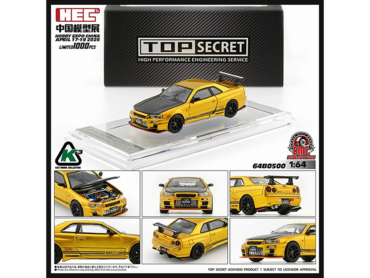 Nissan "Top Secret" Skyline GT-R (BNR34) RHD (Right Hand Drive) Gold Metallic with Carbon Hood "Hobby Expo China 2026" 1/64 Diecast Model Car by BM Creations LuxuryLifeWay Online Store
