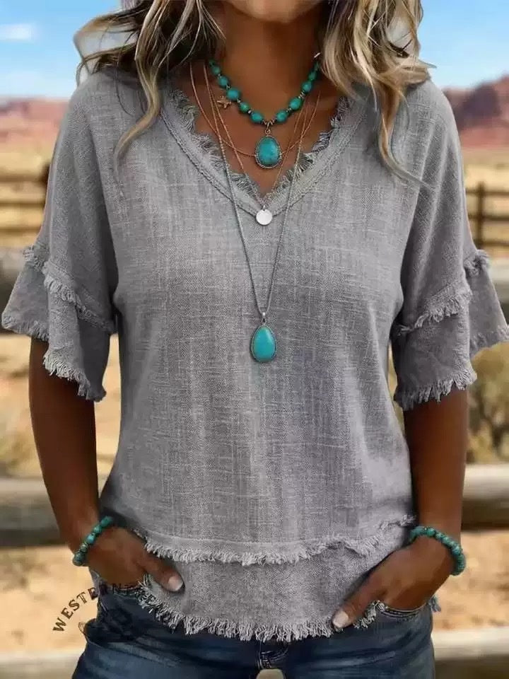 Casual Women's Shirt V-Neck Short Sleeve Loose Fit Pure Color Summer Fashion Trend Pullover Tops For Daily Wear LadyShow.Store