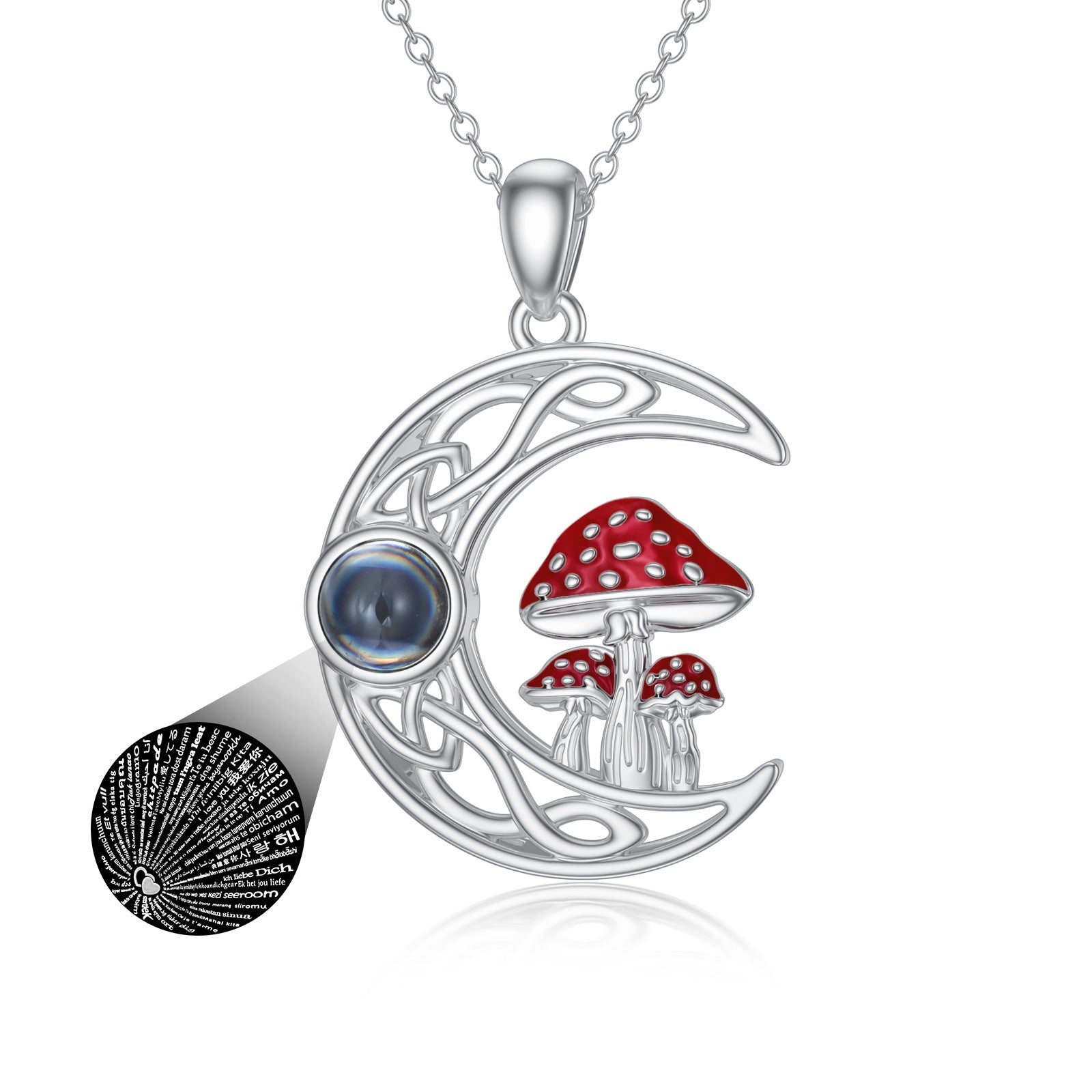 100 languages I Love You Projection Stone Mushroom Moon Necklace Sterling Silver LadyShow.Store