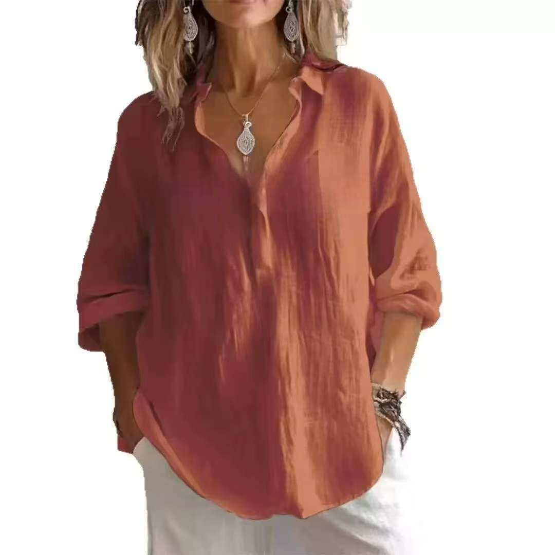 Fashion Long-sleeved Lapel Pullover Shirt Casual Loose Solid Color T-shirt Tops Women's Clothing NorixaFashion.com
