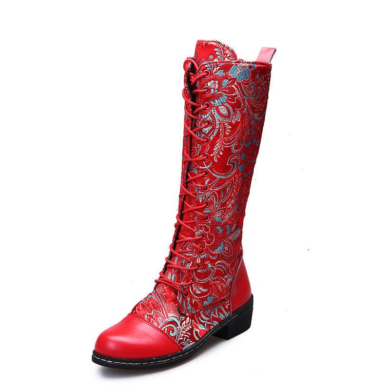Flowers Print Long Boots WInter Retro Ethnic Style Shoes Lace-up Heeled Boots Women LadyShow.Store