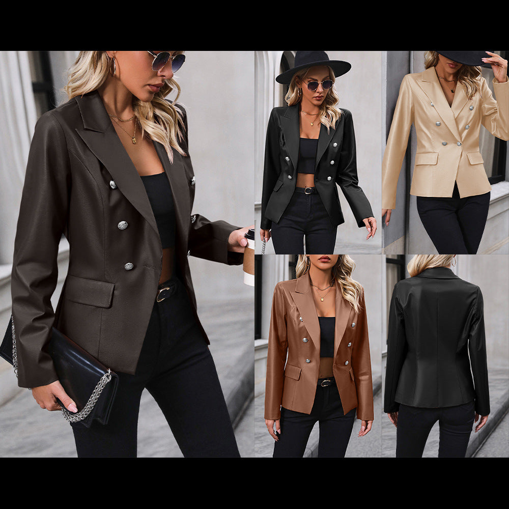 Women's Double-breasted Suit Jacket Motorcycle Leather Coat LadyShow.Store