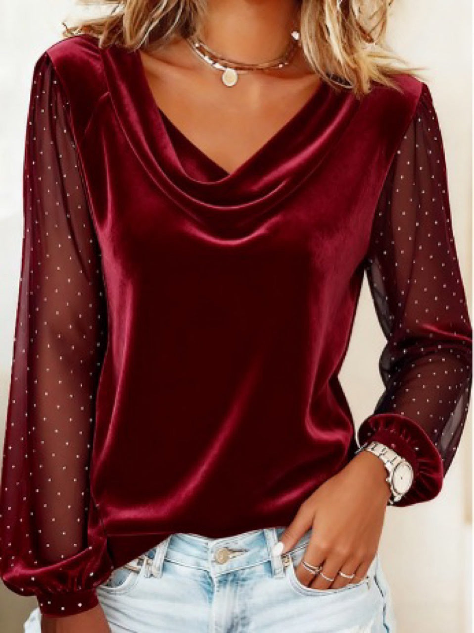 Women's Long Sleeve V-neck Velvet T-Shirt Women Elegant Diamond Mesh Sleeve Loose Tee Tops Christmas Clothes Women Shirt Red LadyShow.Store