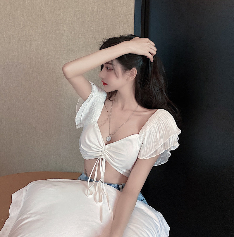 Lotus Leaf Sleeve Crop Top NorixaFashion.com