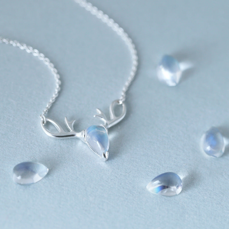 S925 Elk Necklace Forest Moonstone Pendant Clavicle Chain LadyShow.Store