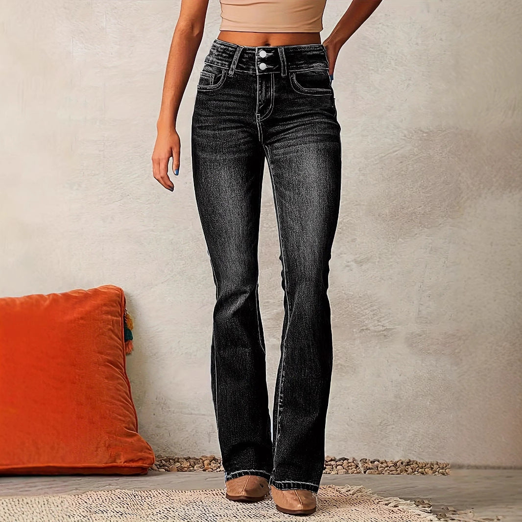 Skinny Flared Jeans With Pockets Fashion Button Zipper Trousers Women's Slim Denim Pants LadyShow.Store