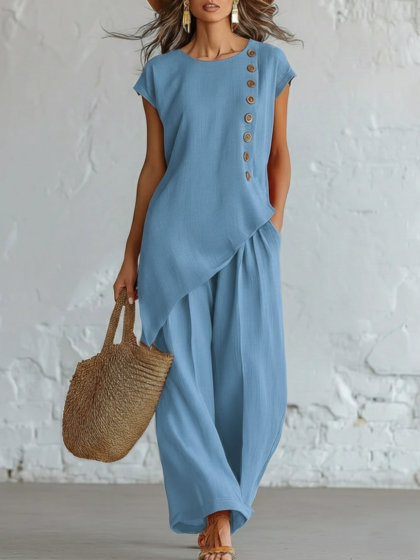 Womens Solid-Color Crew-Neck Buttoned Short-Sleeve Wide-Leg Pants Set NorixaFashion.com