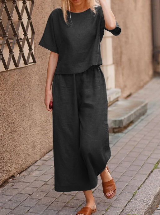 European And American Women's Linen Casual Loose Solid Color Suit Two-piece Women LadyShow.Store