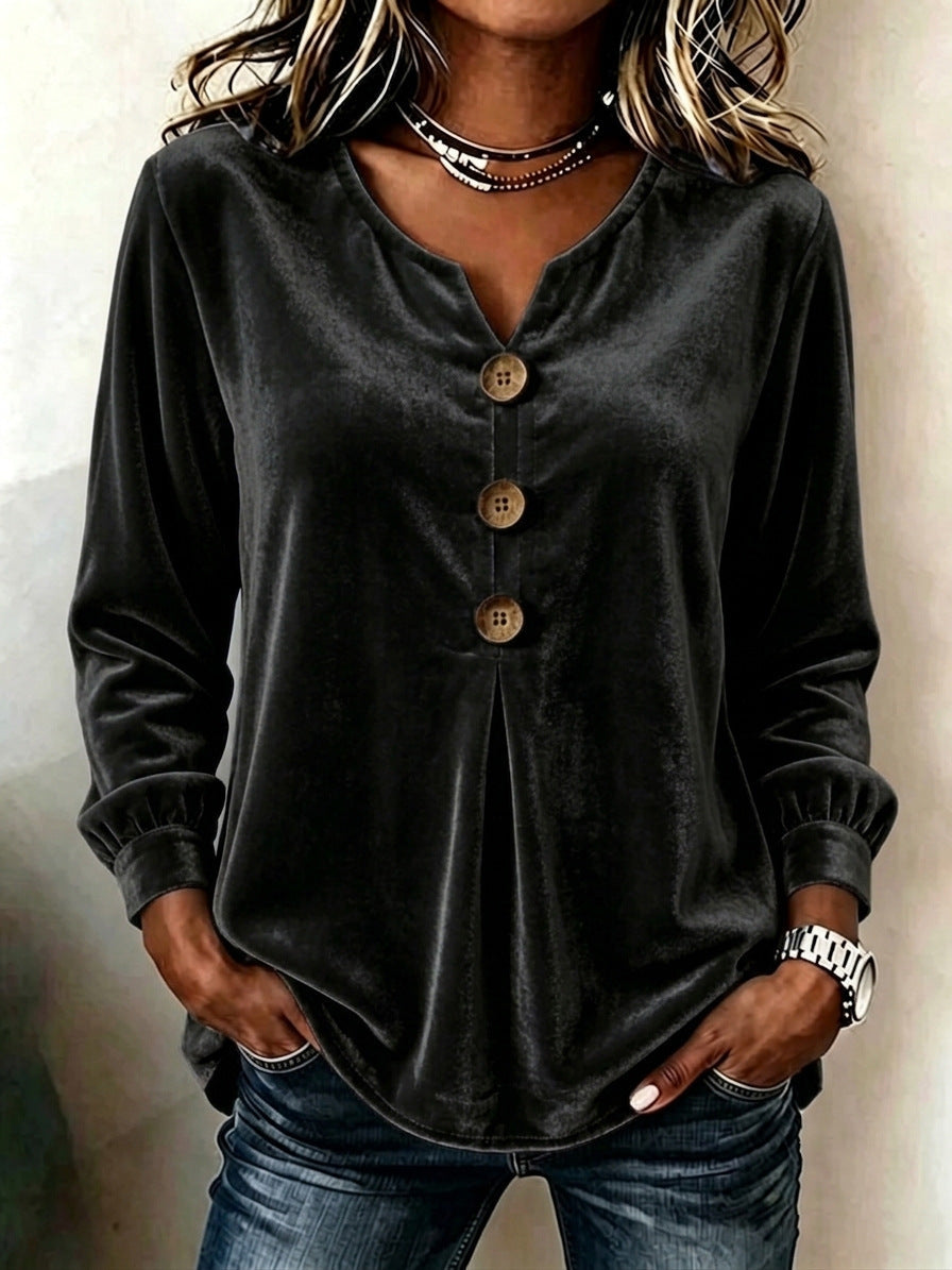 Elegant V-neck Buttoned Long-sleeve Velvet Blouse For Women NorixaFashion.com