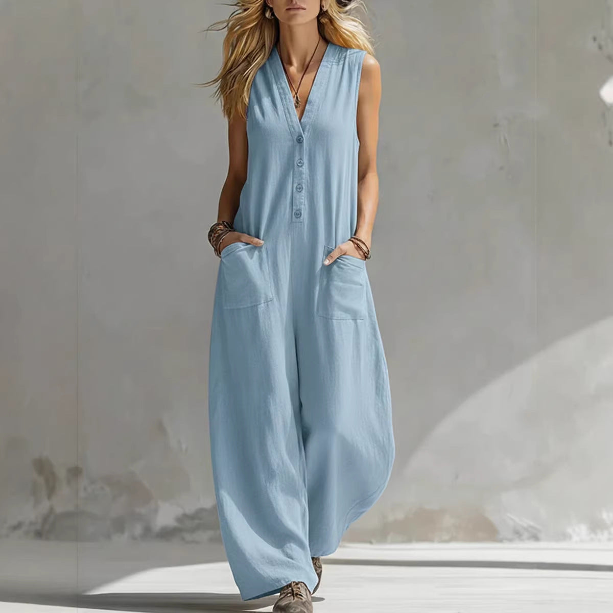 SpringSummer Womens Casual Linen-Cotton Sleeveless Jumpsuit LadyShow.Store
