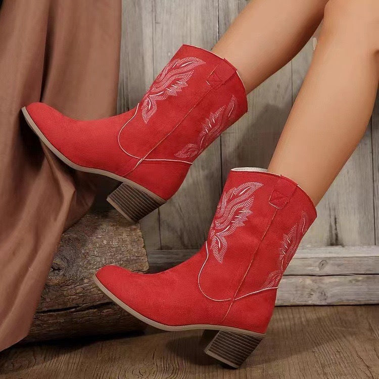 Fashion Chunky-heeled Pointed Toe Boots Winter Ethnic Style Embroidered Mid-Tube Western Shoes Women LadyShow.Store