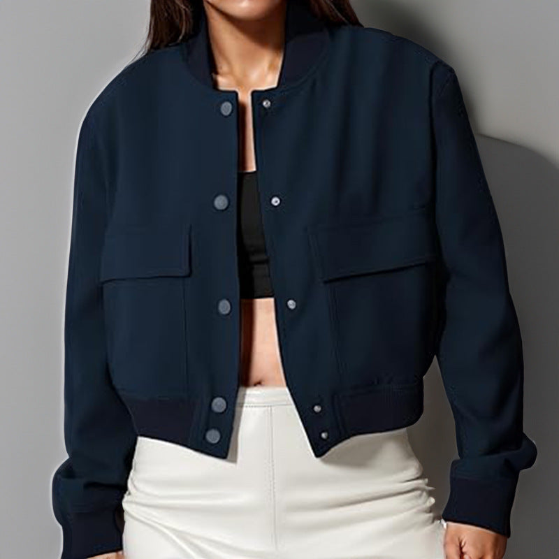 Fashion Button Stand-collar Jacket With Big Pockets Casual Loose Short Outwear Tops Coat For Women Clothing LuxuryLifeWay Online Store
