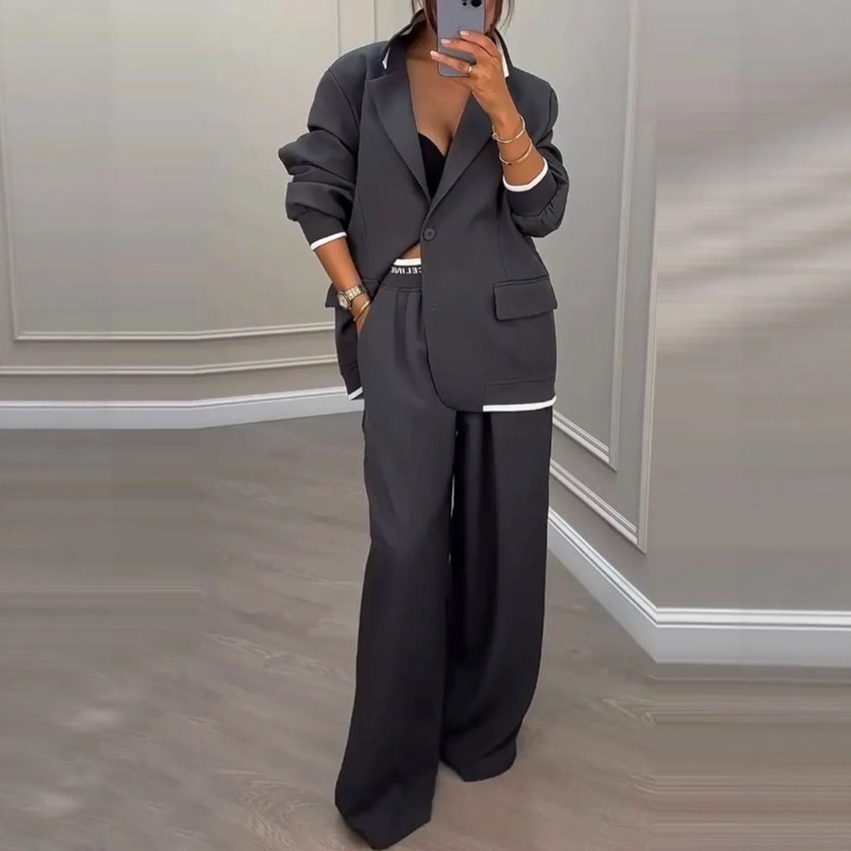 European And American Cross-Border 2026 Autumn And Winter New Women's Clothing Amazon Style Long-Sleeve Jacket Casual Wide-Leg Pants Suit Set NorixaFashion.com