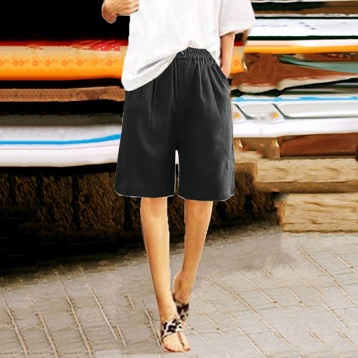 Women's Cotton And Linen Cropped Loose High Waist Shorts NorixaFashion.com