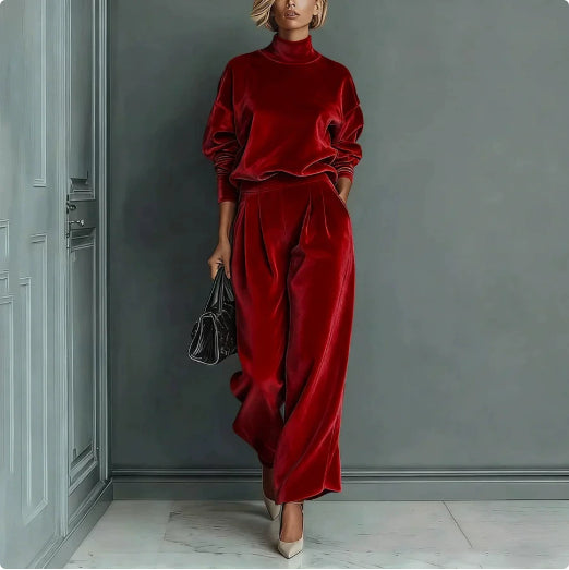 Casual Warm Velour Long-sleeved Solid Color High-neck Zipper Wide-leg Sportswear LadyShow.Store