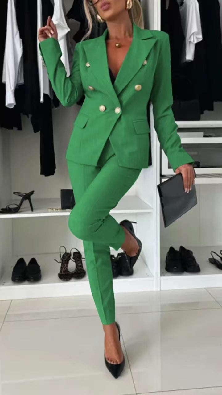 Casual Blazer Suit Slim Lapel Double-breasted Jacket And Zip-up Trousers Women's Clothing NorixaFashion.com