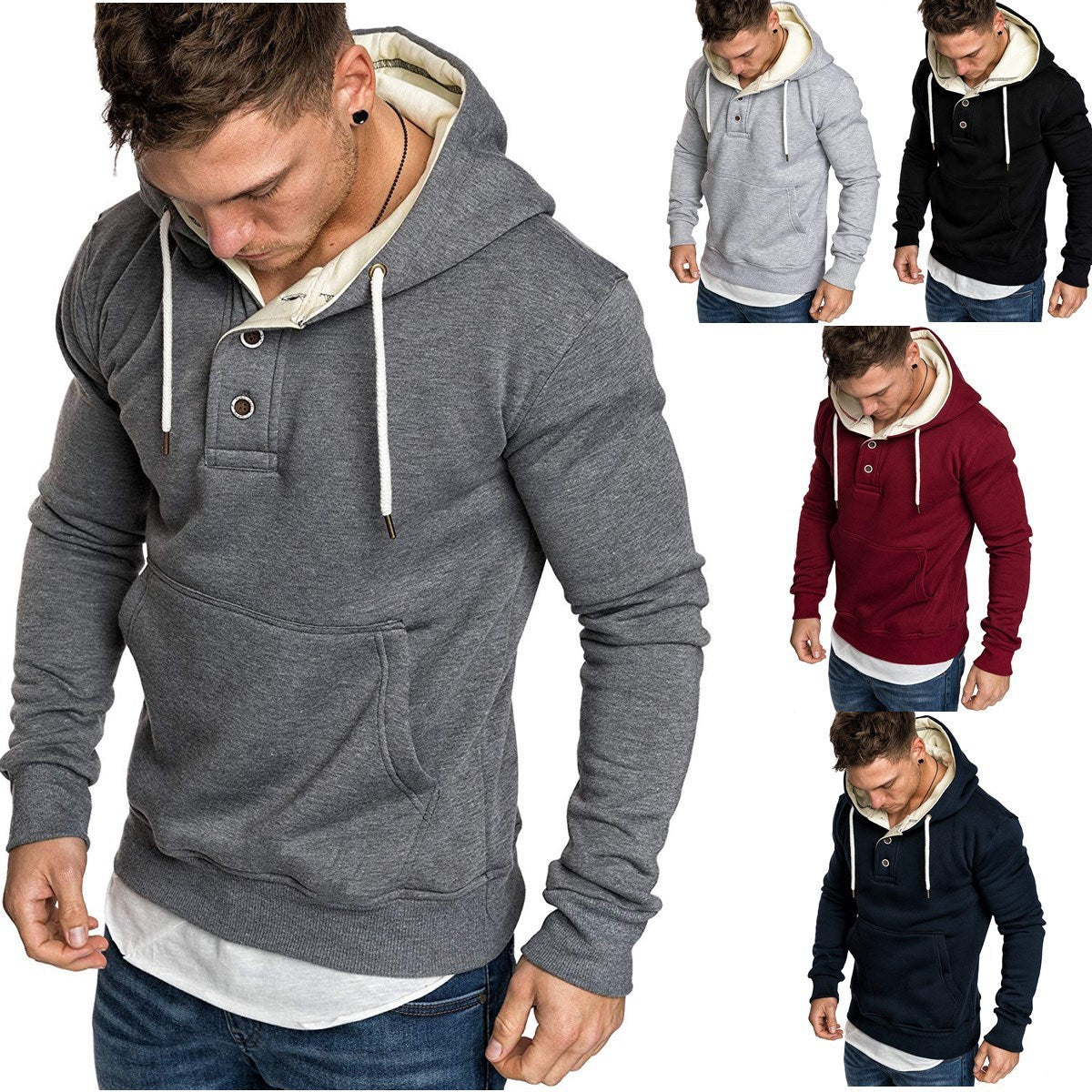 Button-Trim Hooded Fleece Sweatshirt - Cotton Blend Pullover with Pockets