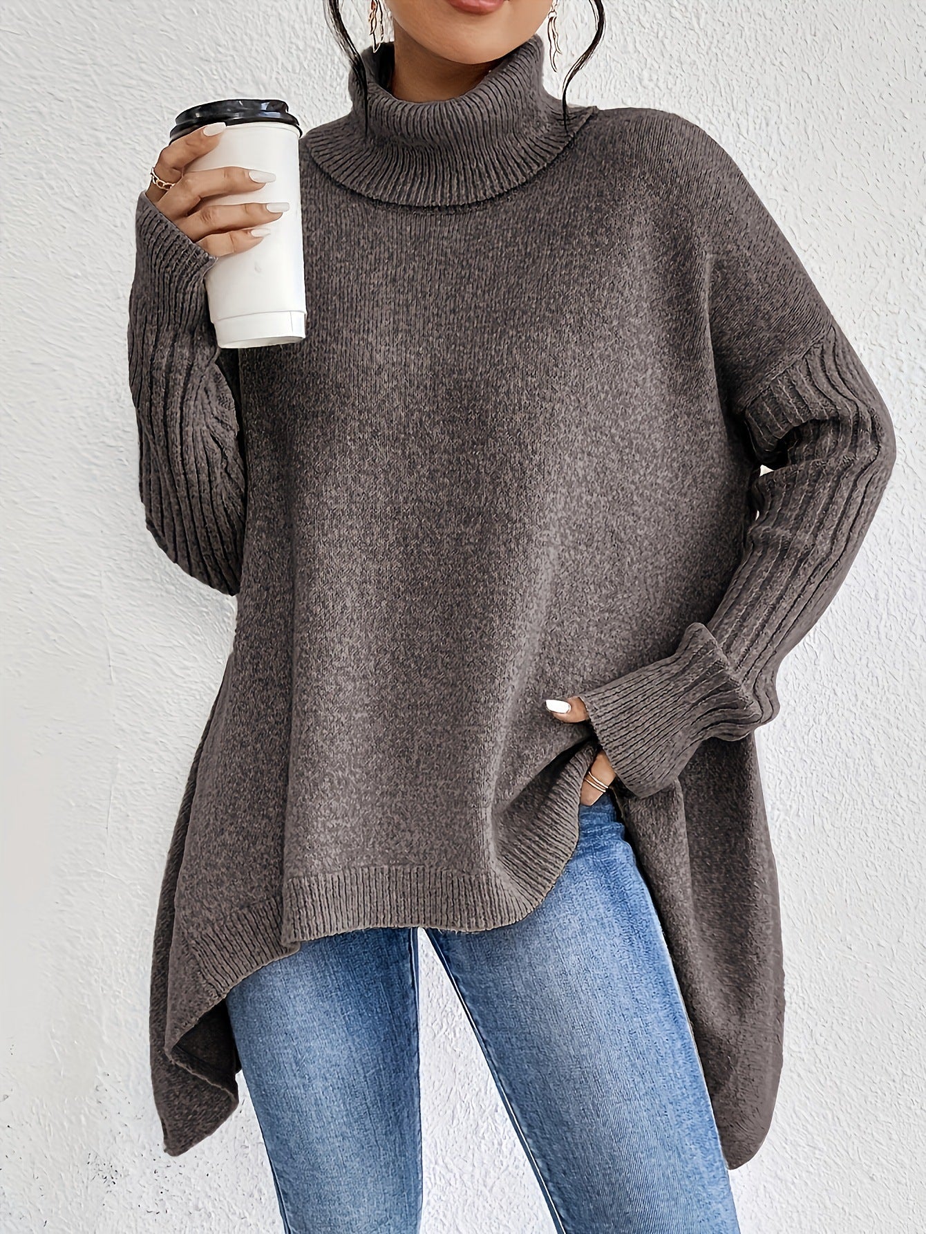 Irregular Turtleneck Sweater Winter Loose Long Sleeve Knitted Tops Leisure Warm Pullover Sweater Women's Clothing Best YouTube Store