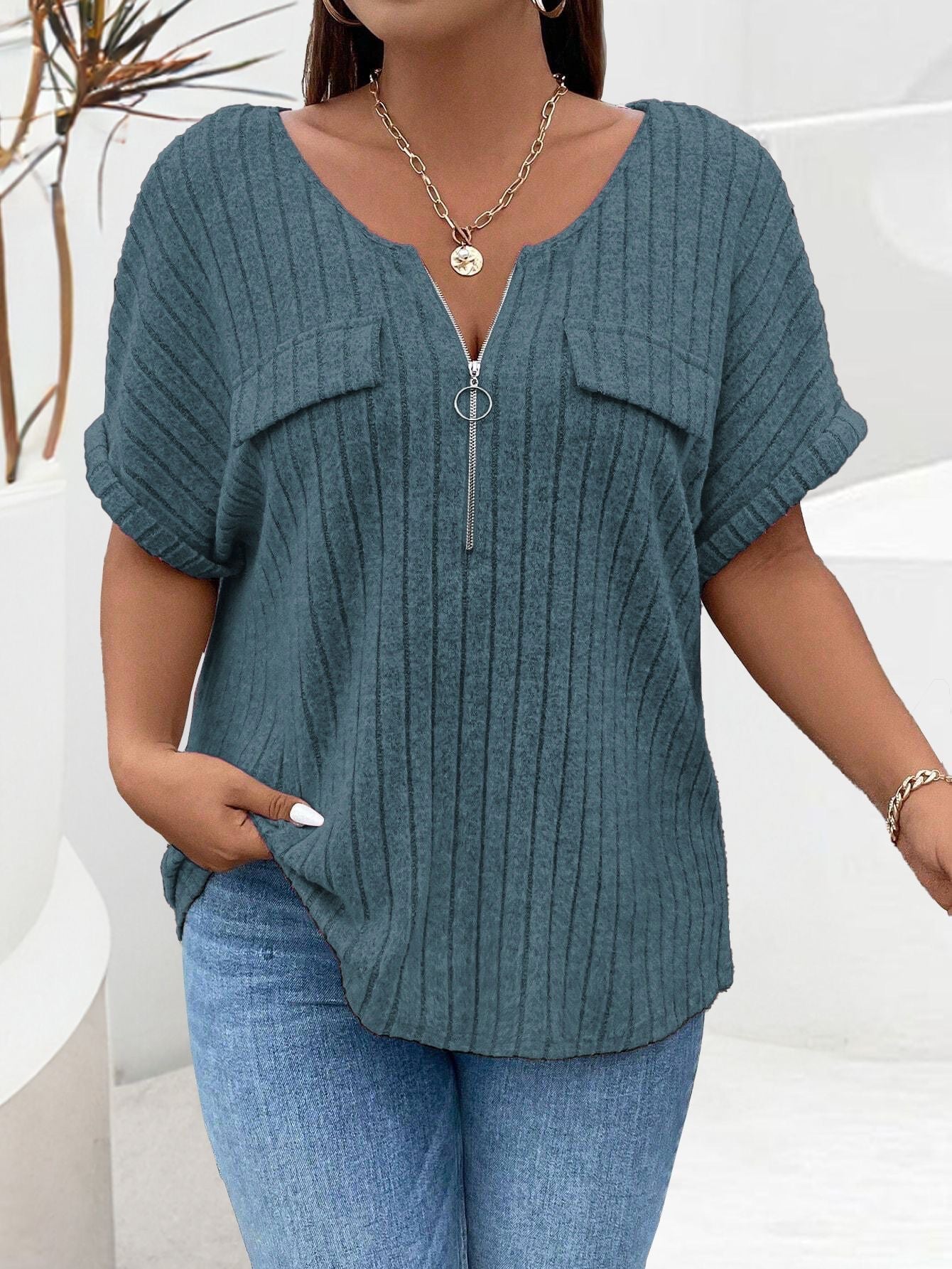 Solid-color Plus-size Top With Zipper Short Sleeves And Faux Pockets NorixaFashion.com