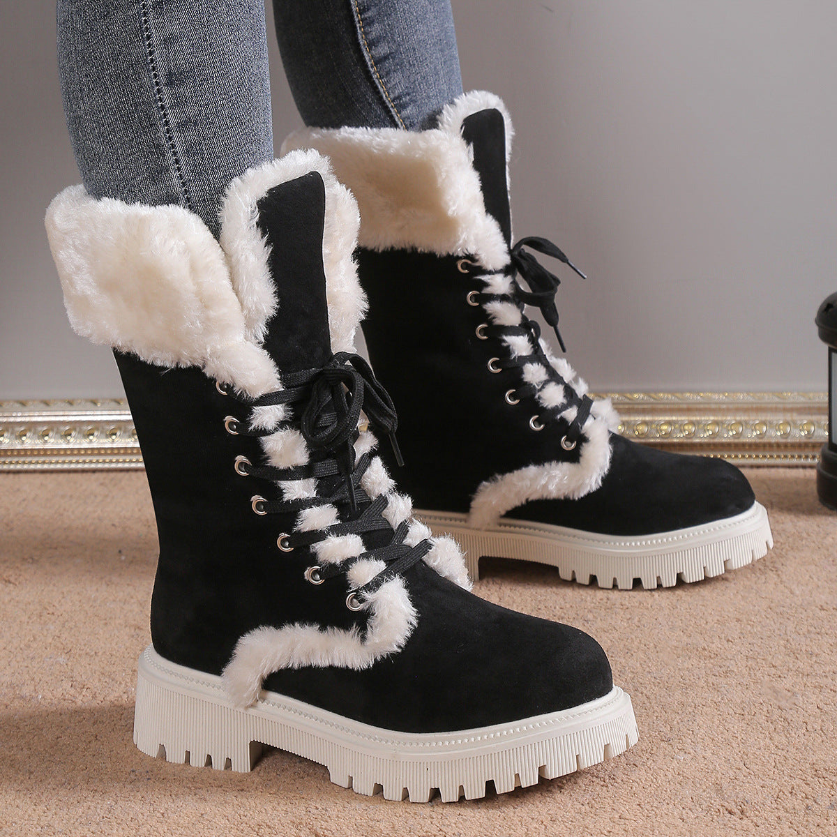 Winter Lace-up Snow Boots For Women Mid-tube Fleece Shoes Warm Chunky Heels Plush Boot LadyShow.Store