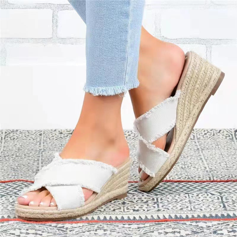 Denim Fashion Hemp Braided Lightweight High Heel Slippers LadyShow.Store