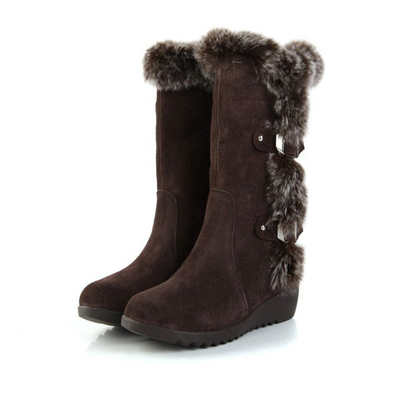 Brown New Winter Women Casual Warm Fur Mid-Calf Boots Shoes Women Slip-On Round Toe Flats Snow Boots Shoes LadyShow.Store