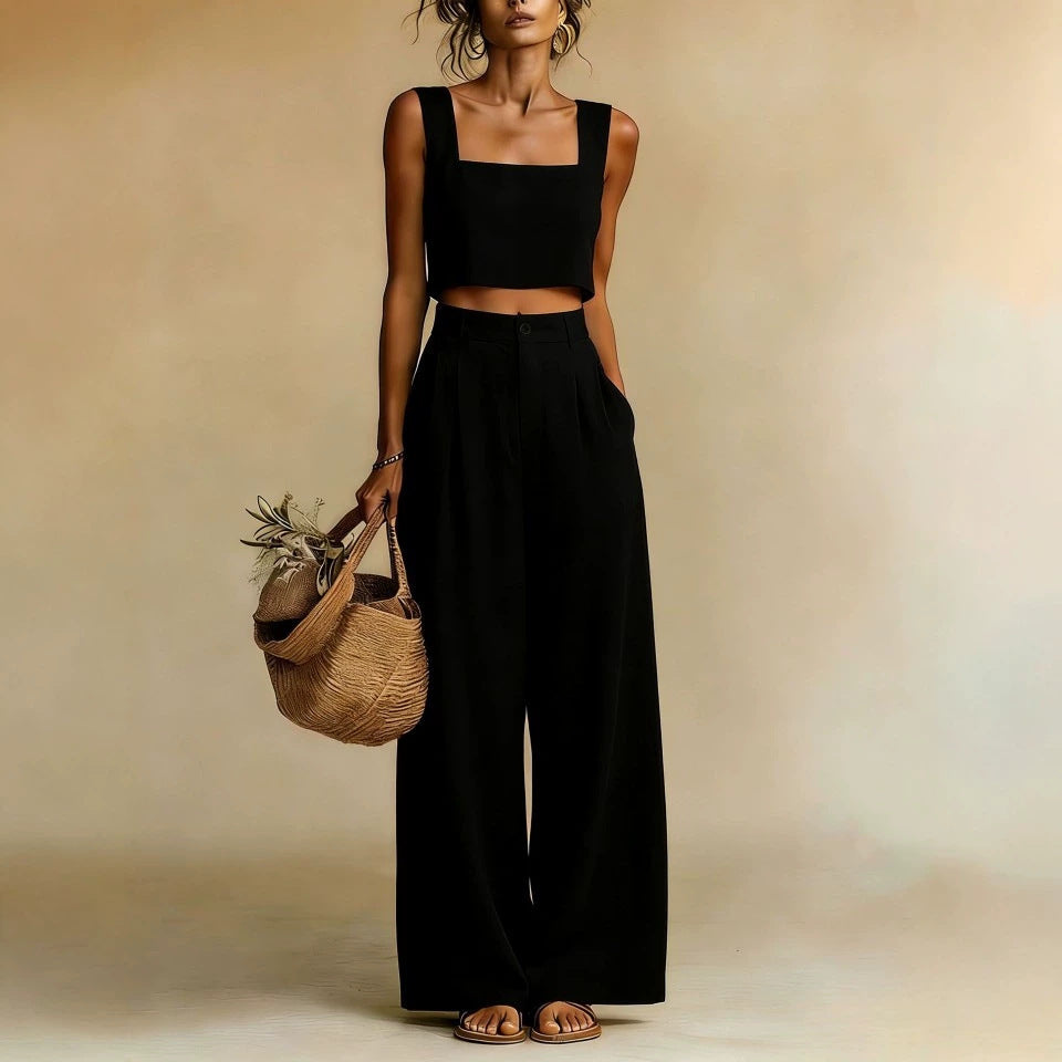 Womens Best-selling Square-neck Wide-leg Pants Set NorixaFashion.com