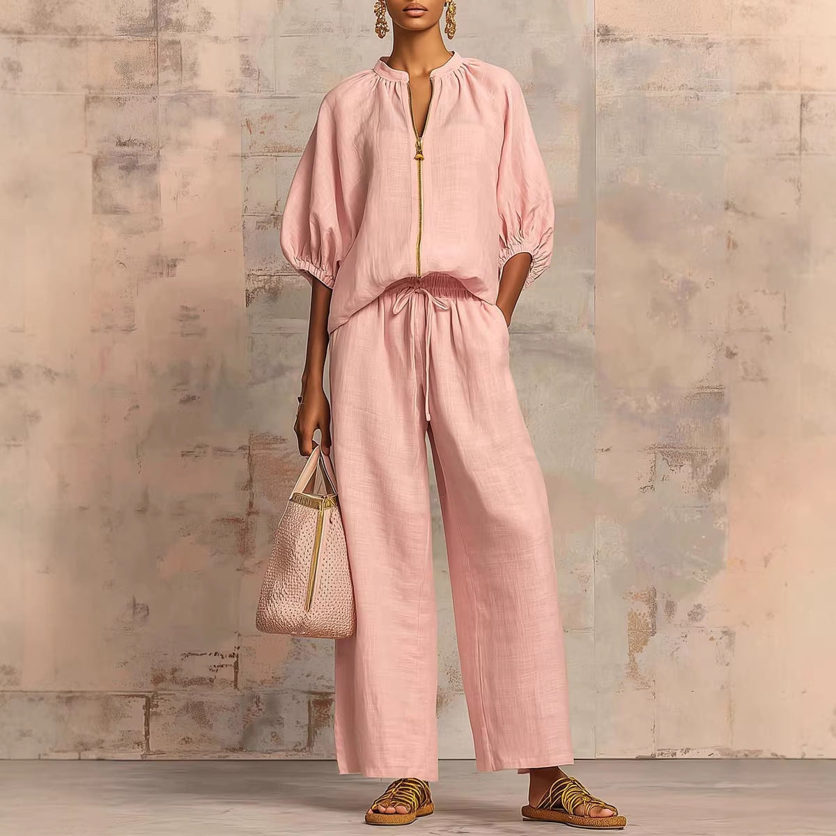 Solid-color Casual Loose-fitting Zip-up Sweatshirt And Straight-leg Pants Set NorixaFashion.com