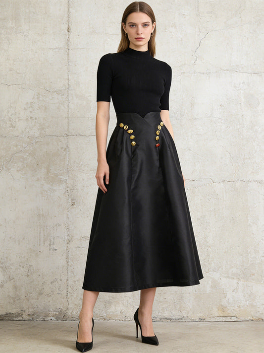 Irregularly Shaped Button-decorated Pleated Midi Skirt NorixaFashion.com