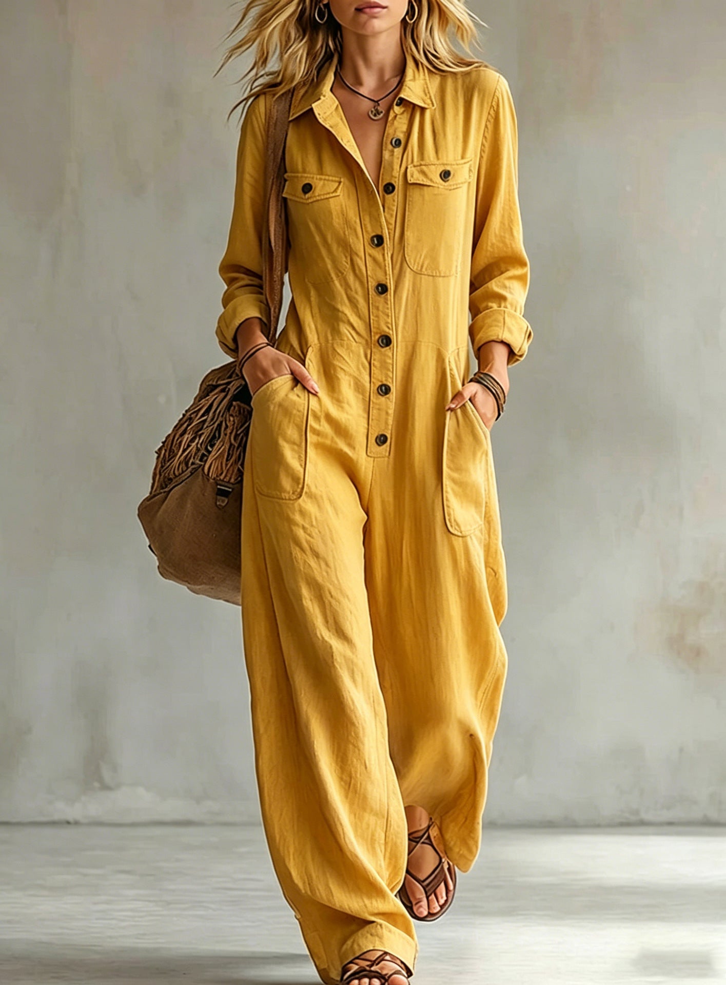 Womens Workwear Linen Casual Jumpsuit NorixaFashion.com