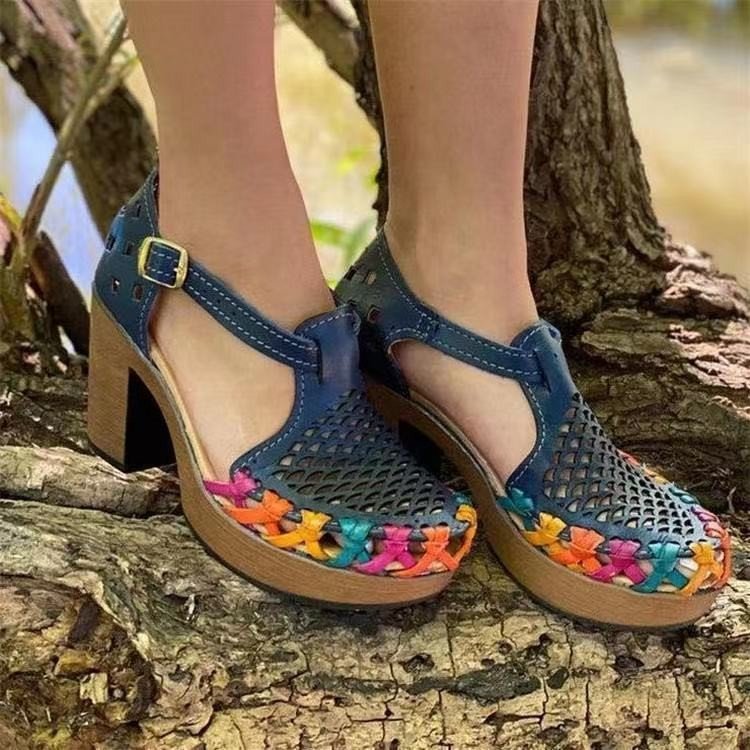 Printed Ethnic Style High-heeled Women's Floral Buckle Chunky Heel Toe Roman Sandals LadyShow.Store