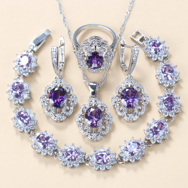 Garnet Cubic Zirconia Earrings Pendant Necklace Bracelet Ring Gift 4 PCs Set LadyShow.Store