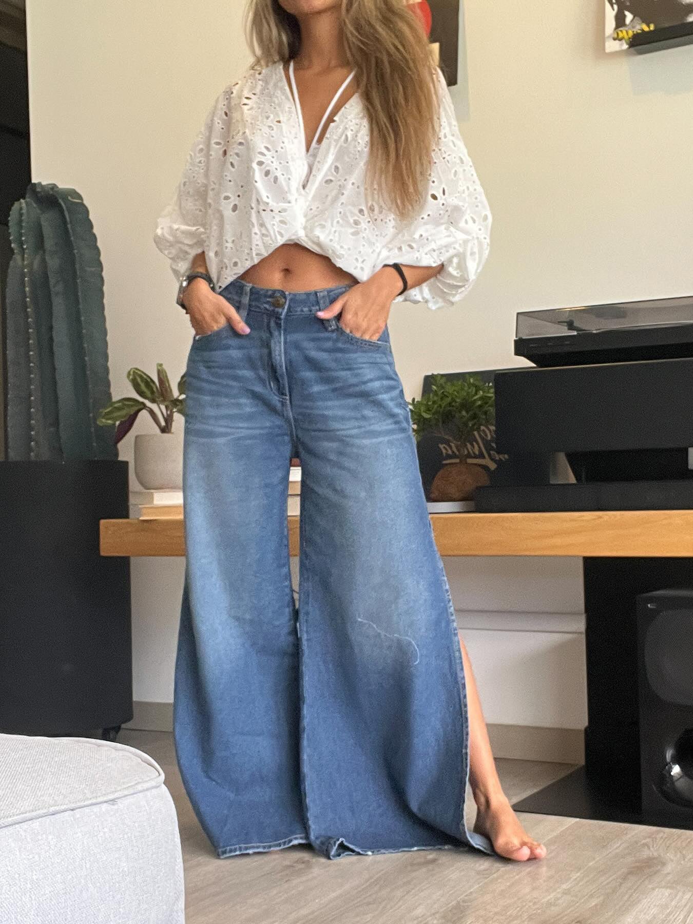 Blue Denim High - Waisted Ultra - Wide - Leg Jeans With Side Slit NorixaFashion.com
