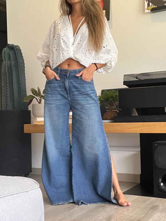 Blue Denim High - Waisted Ultra - Wide - Leg Jeans With Side Slit NorixaFashion.com