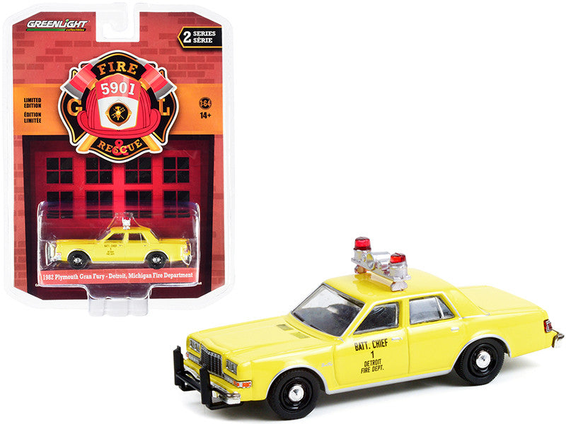 1982 Plymouth Gran Fury Yellow "Detroit Fire Department Battalion Chief #1" (Michigan) "Fire & Rescue" Series 2 1/64 Diecast Model Car by Greenlight LuxuryLifeWay Online Store