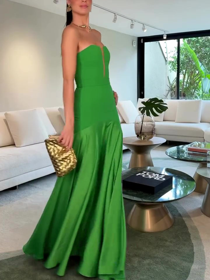 Green Tube Top With Satin Patchwork Evening Dress NorixaFashion.com
