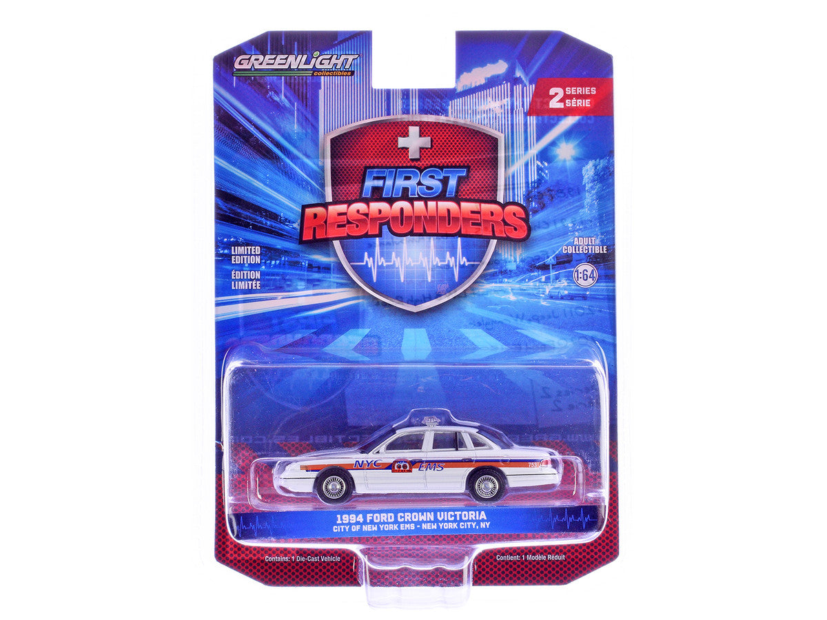 1994 Ford Crown Victoria "NYC EMS (City of New York Emergency Medical Service)" White with Blue and Red Stripes "First Responders" Series 2 1/64 Diecast Model Car by Greenlight LuxuryLifeWay Online Store