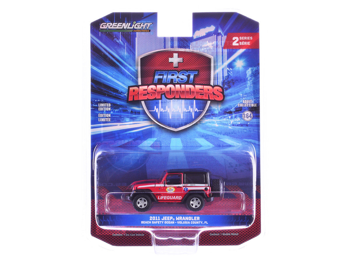 2011 Jeep Wrangler "Volusia County Florida Beach Safety Ocean Rescue Lifeguard/EMT" Red with White Stripes "First Responders" Series 2 1/64 Diecast Model Car by Greenlight LuxuryLifeWay Online Store