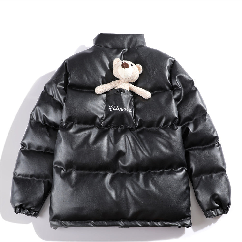 Bear decoration PU leather cotton jacket