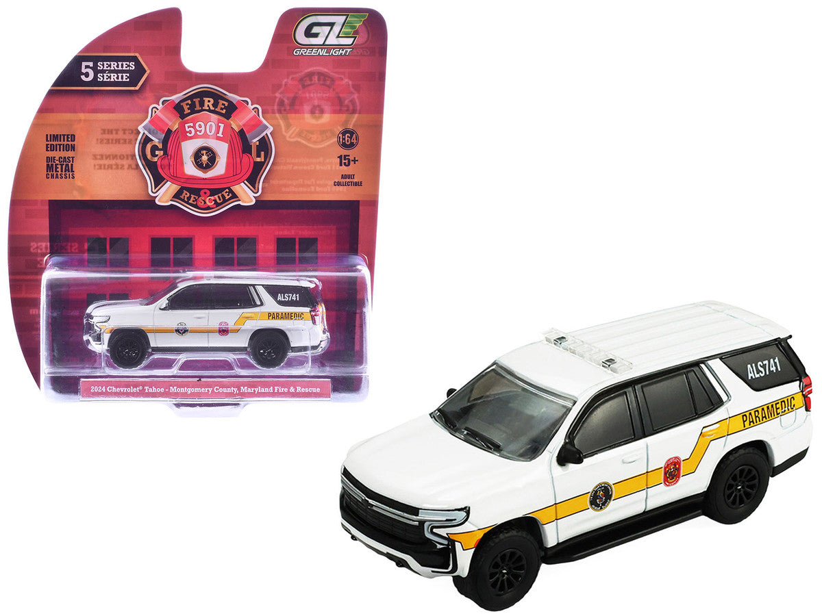 2024 Chevrolet Tahoe "Montgomery County Maryland Fire & Rescue Bethesda-Chevy Chase Rescue Squad" White with Yellow Stripes "Fire & Rescue" Series #5 1/64 Diecast Model Car by Greenlight LuxuryLifeWay Online Store