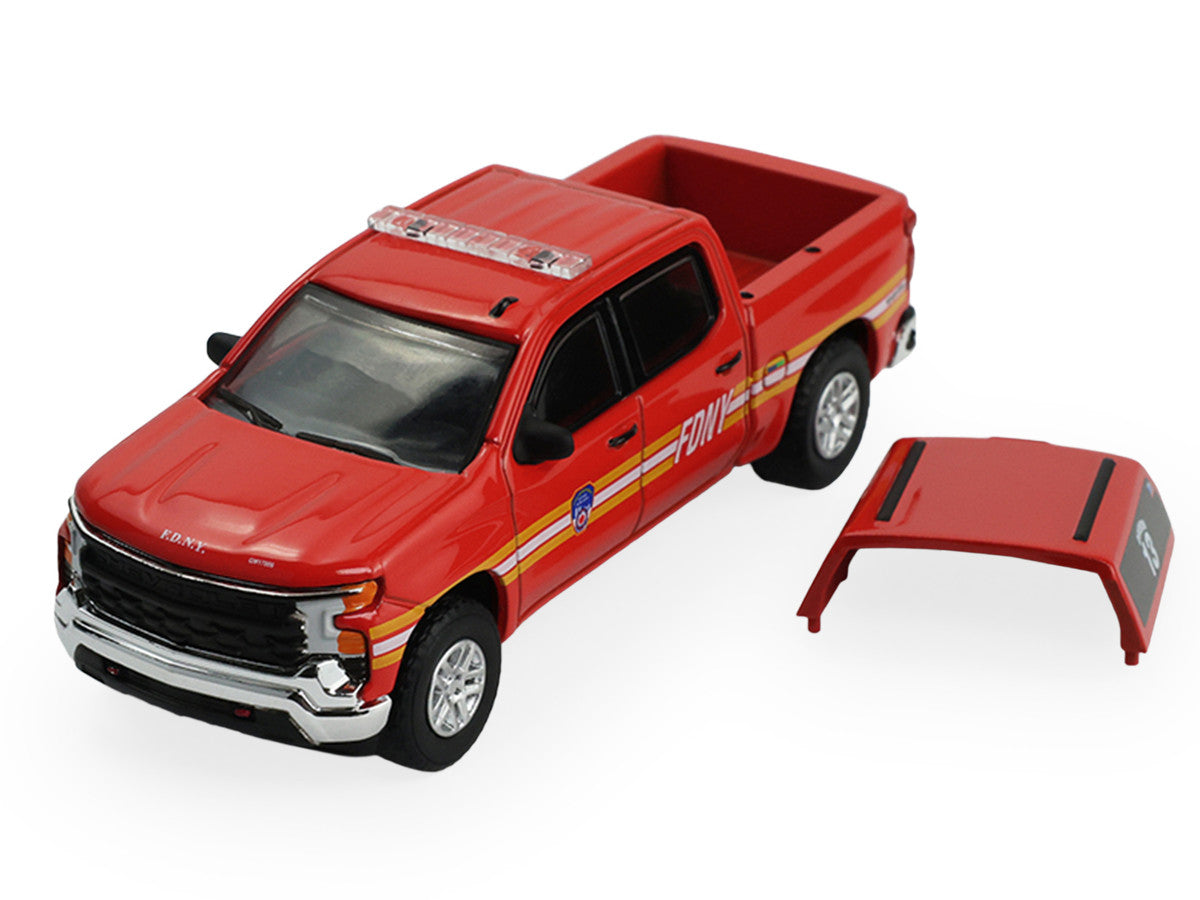 2023 Chevrolet Silverado Pickup Truck with Camper Shell "FDNY (New York City Fire Department)" Red with Stripes "Fire & Rescue" Series #5 1/64 Diecast Model Car by Greenlight LuxuryLifeWay Online Store