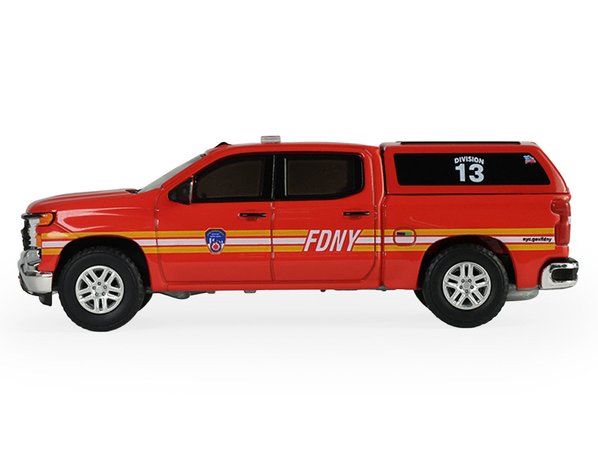 2023 Chevrolet Silverado Pickup Truck with Camper Shell "FDNY (New York City Fire Department)" Red with Stripes "Fire & Rescue" Series #5 1/64 Diecast Model Car by Greenlight LuxuryLifeWay Online Store