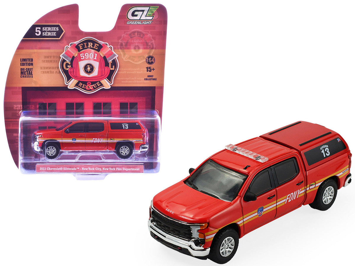 2023 Chevrolet Silverado Pickup Truck with Camper Shell "FDNY (New York City Fire Department)" Red with Stripes "Fire & Rescue" Series #5 1/64 Diecast Model Car by Greenlight LuxuryLifeWay Online Store